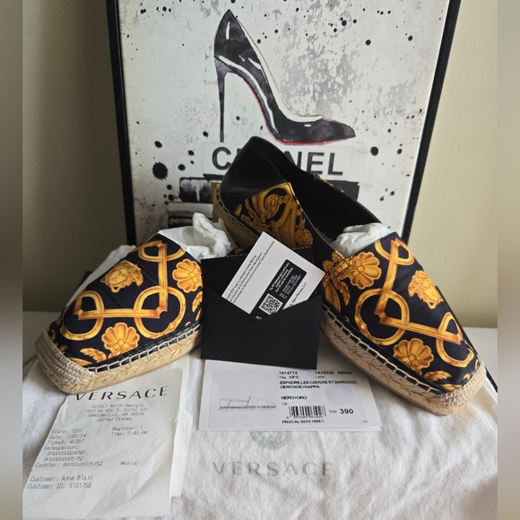 Versace Shoes - Versace St. Barocco Heritage Nappa Black and Gold Espadrilles Women's Size 9